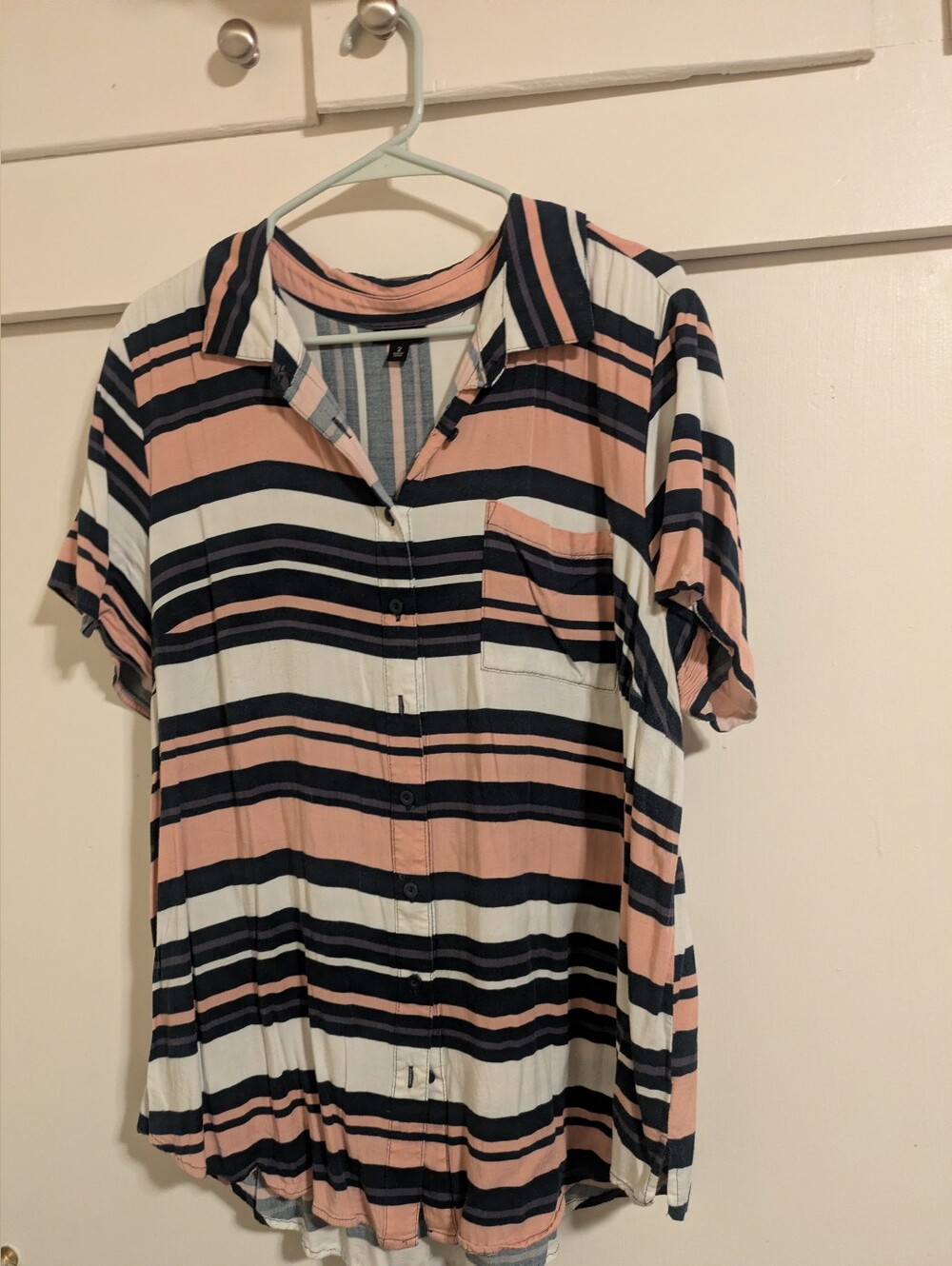 Torrid Striped Button-Front Short Sleeve Top in Blush, Navy & White